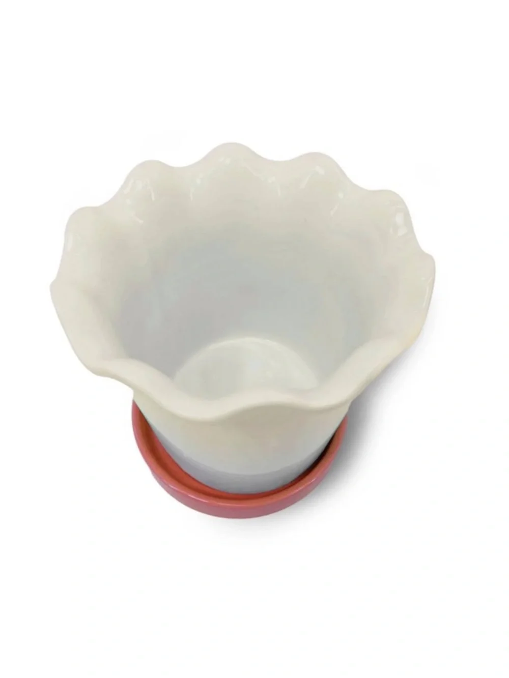 New! White Cream Scalloped Ceramic Planter with Orange Saucer, 2026
